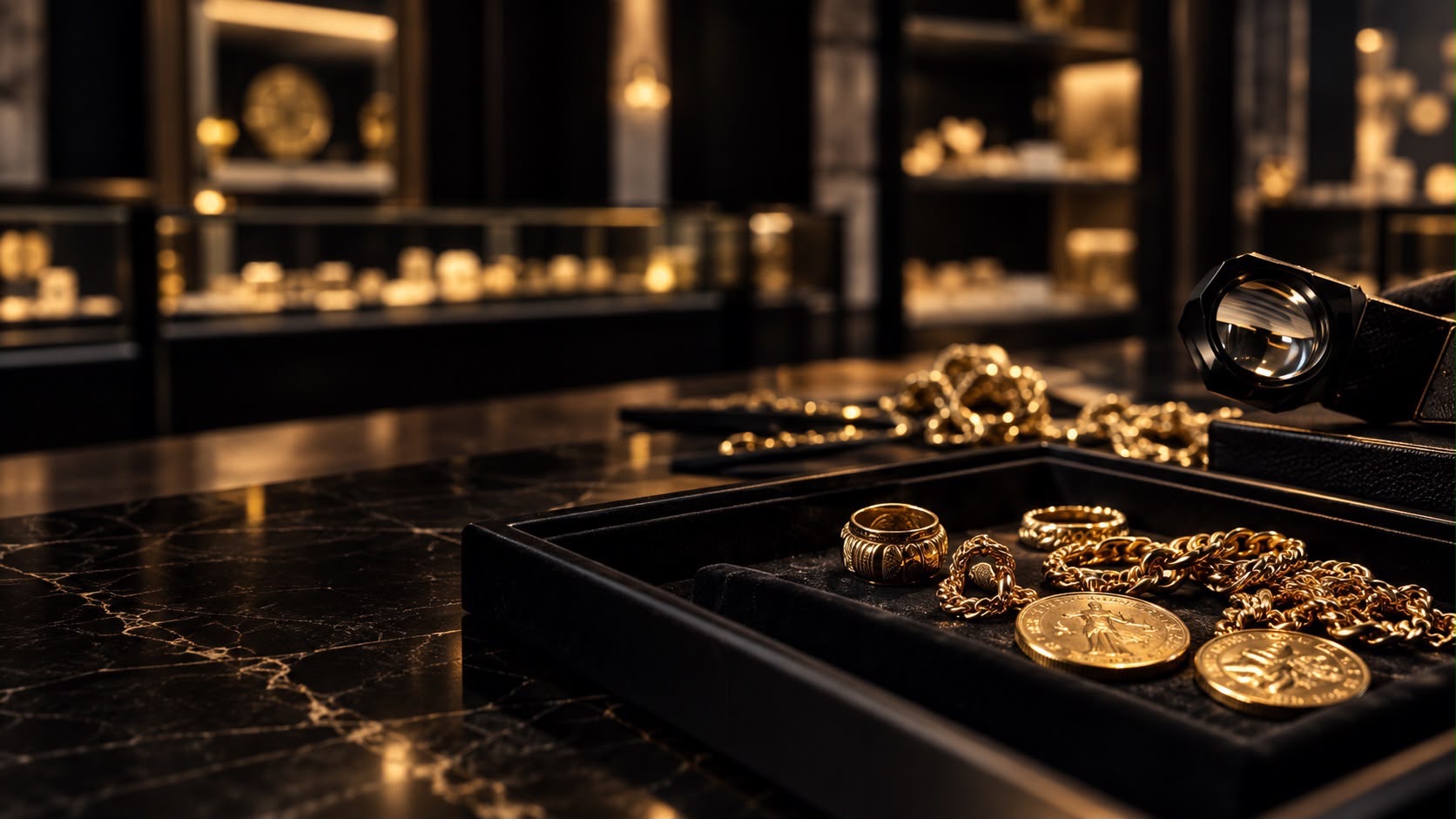 Bijoux et pièces en or sur un comptoir d'expertise